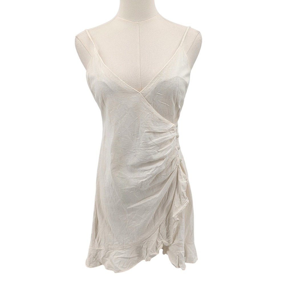 Linen Blend Mini Dress White Wrap Ruched Side Ruffle Forever 21 Small